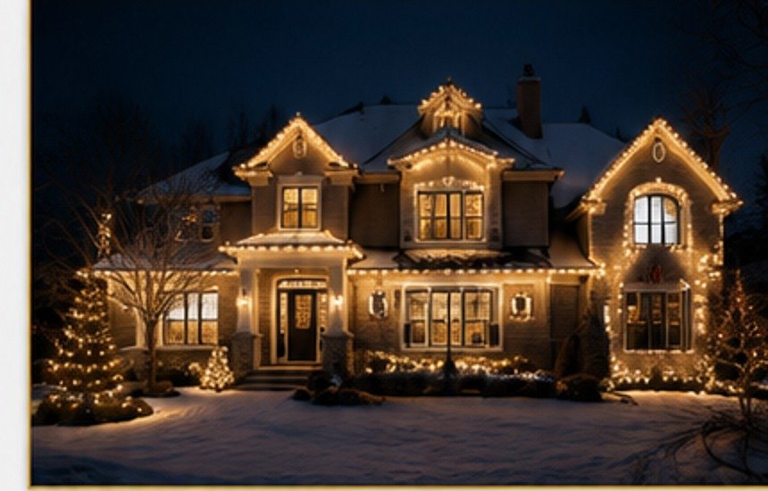 Professionally decorated suburban home with Christmas lights