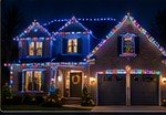 Blue and white holiday roof lighting